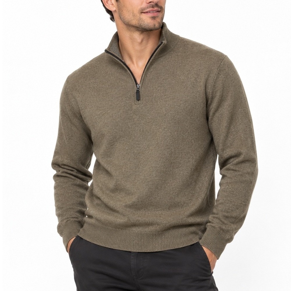 Men's Brown  Blend Quarter Zip Sweater Size M Classic Knit Pullover Casual